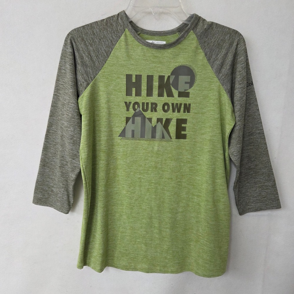 Columbia Raglan Graphic Tee‎ Kids L 14/16 Green Hike Your Own Hike 3/4 Sleeve